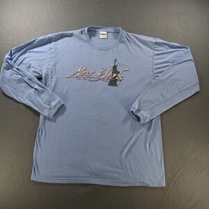 Perrin Mens New York The Big Apple Graphic Long Sleeve T-Shirt Size L Blue Y2K